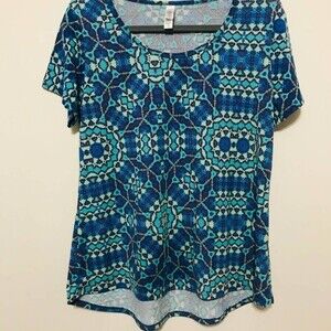 LuLaRoe blue top women short sleeve  geometric print relax fit top  size M